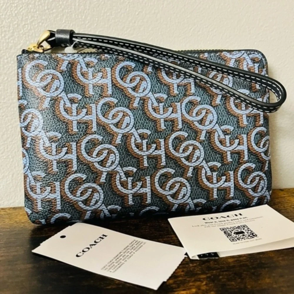 Coach Navy Monogram Corner Zip Wristlet Gold Hardware NWT